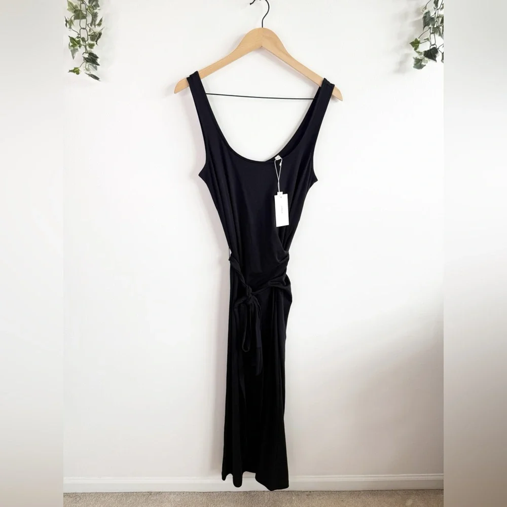 NEW VINCE Black Pima Cotton Stretch Midi Tie Dress Size Medium - Picture 2 of 6